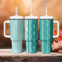 Vintage Teal Hawaiian Traditional Kapa Mix Flowers Lei Tumbler With Handle LT7 - Polynesian Pride