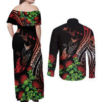 Aloha Hawaii Manta Rays Couples Matching Off Shoulder Maxi Dress and Long Sleeve Button Shirt Red Ohia Lehua