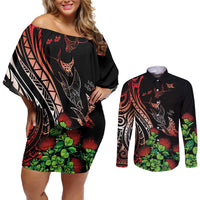 Aloha Hawaii Manta Rays Couples Matching Off Shoulder Short Dress and Long Sleeve Button Shirt Red Ohia Lehua