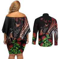 Aloha Hawaii Manta Rays Couples Matching Off Shoulder Short Dress and Long Sleeve Button Shirt Red Ohia Lehua