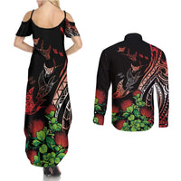 Aloha Hawaii Manta Rays Couples Matching Summer Maxi Dress and Long Sleeve Button Shirt Red Ohia Lehua