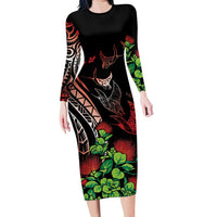Aloha Hawaii Manta Rays Family Matching Long Sleeve Bodycon Dress and Hawaiian Shirt Red Ohia Lehua