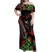Aloha Hawaii Manta Rays Off Shoulder Maxi Dress Red Ohia Lehua