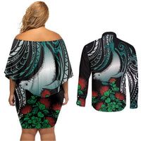 Aloha Hawaii Monk Seal Couples Matching Off Shoulder Short Dress and Long Sleeve Button Shirt Mix Ohia Lehua