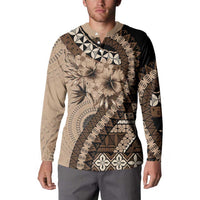 Bula Fiji Button Sweatshirt Mocha Brown Kaivity Masi Tapa LT7 - Polynesian Pride