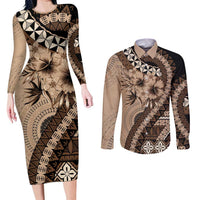 Bula Fiji Couples Matching Long Sleeve Bodycon Dress and Long Sleeve Button Shirt Mocha Brown Kaivity Masi Tapa