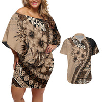 Bula Fiji Couples Matching Off Shoulder Short Dress and Hawaiian Shirt Mocha Brown Kaivity Masi Tapa