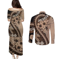Bula Fiji Couples Matching Puletasi and Long Sleeve Button Shirt Mocha Brown Kaivity Masi Tapa LT7 - Polynesian Pride