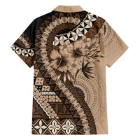 Bula Fiji Family Matching Off The Shoulder Long Sleeve Dress and Hawaiian Shirt Mocha Brown Kaivity Masi Tapa