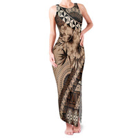 Bula Fiji Family Matching Tank Maxi Dress and Hawaiian Shirt Mocha Brown Kaivity Masi Tapa