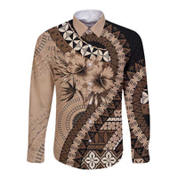 Bula Fiji Long Sleeve Button Shirt Mocha Brown Kaivity Masi Tapa LT7 Unisex Brown - Polynesian Pride