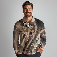 Bula Fiji Long Sleeve Polo Shirt Mocha Brown Kaivity Masi Tapa LT7 - Polynesian Pride
