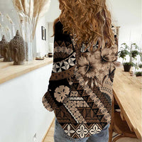 Bula Fiji Women Casual Shirt Mocha Brown Kaivity Masi Tapa