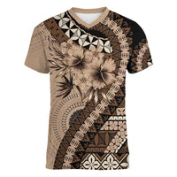 Bula Fiji Women V-Neck T-Shirt Mocha Brown Kaivity Masi Tapa