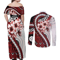 Bula Fiji Couples Matching Off Shoulder Maxi Dress and Long Sleeve Button Shirt White Kaivity Masi Tapa LT7 - Polynesian Pride