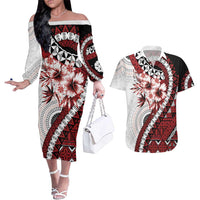 Bula Fiji Couples Matching Off The Shoulder Long Sleeve Dress and Hawaiian Shirt White Kaivity Masi Tapa