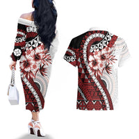 Bula Fiji Couples Matching Off The Shoulder Long Sleeve Dress and Hawaiian Shirt White Kaivity Masi Tapa