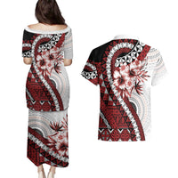 Bula Fiji Couples Matching Puletasi and Hawaiian Shirt White Kaivity Masi Tapa