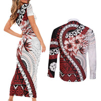 Bula Fiji Couples Matching Short Sleeve Bodycon Dress and Long Sleeve Button Shirt White Kaivity Masi Tapa