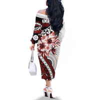 Bula Fiji Family Matching Off The Shoulder Long Sleeve Dress and Hawaiian Shirt White Kaivity Masi Tapa