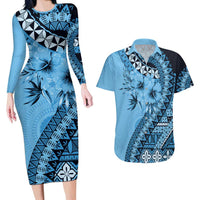 Bula Fiji Couples Matching Long Sleeve Bodycon Dress and Hawaiian Shirt Turquoise Kaivity Masi Tapa
