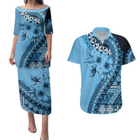 Bula Fiji Couples Matching Puletasi and Hawaiian Shirt Turquoise Kaivity Masi Tapa LT7 Turquoise - Polynesian Pride
