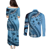 Bula Fiji Couples Matching Puletasi and Long Sleeve Button Shirt Turquoise Kaivity Masi Tapa LT7 - Polynesian Pride