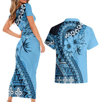 Bula Fiji Couples Matching Short Sleeve Bodycon Dress and Hawaiian Shirt Turquoise Kaivity Masi Tapa