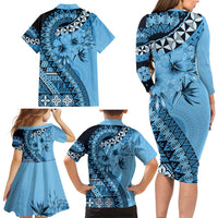 Bula Fiji Family Matching Long Sleeve Bodycon Dress and Hawaiian Shirt Turquoise Kaivity Masi Tapa