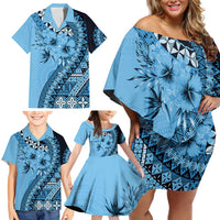 Bula Fiji Family Matching Off Shoulder Short Dress and Hawaiian Shirt Turquoise Kaivity Masi Tapa