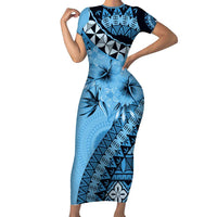 Bula Fiji Family Matching Short Sleeve Bodycon Dress and Hawaiian Shirt Turquoise Kaivity Masi Tapa