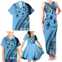 Bula Fiji Family Matching Tank Maxi Dress and Hawaiian Shirt Turquoise Kaivity Masi Tapa
