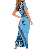 Bula Fiji Short Sleeve Bodycon Dress Turquoise Kaivity Masi Tapa
