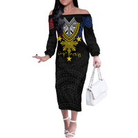 Philippines Heritage Baybayin Mix Polynesian Off The Shoulder Long Sleeve Dress LT7 Women Black - Polynesian Pride