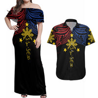 Philippines Heritage Personalized Couples Matching Off Shoulder Maxi Dress and Hawaiian Shirt Baybayin Philipinas Sun LT7 Black - Polynesian Pride