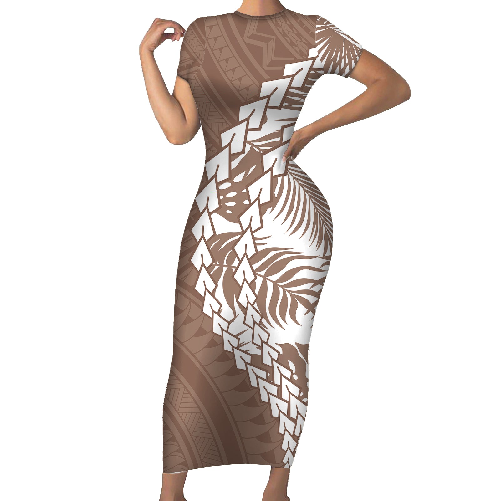 Polynesian Pride Short Sleeve Bodycon Dress Polynesia Tribal - Tropical Brown LT7 Long Dress Brown - Polynesian Pride