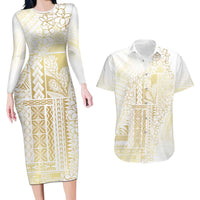 Samoa Lotu Tamaiti Mamanu Siapo Couples Matching Long Sleeve Bodycon Dress and Hawaiian Shirt Golden Plumeria - Polynesian Pride