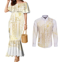 Samoa Lotu Tamaiti Mamanu Siapo Couples Matching Mermaid Dress and Long Sleeve Button Shirt Golden Plumeria - Polynesian Pride