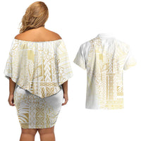 Samoa Lotu Tamaiti Mamanu Siapo Couples Matching Off Shoulder Short Dress and Hawaiian Shirt Golden Plumeria - Polynesian Pride