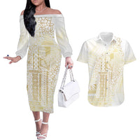 Samoa Lotu Tamaiti Mamanu Siapo Couples Matching Off The Shoulder Long Sleeve Dress and Hawaiian Shirt Golden Plumeria - Polynesian Pride