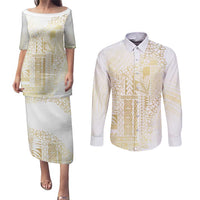Samoa Lotu Tamaiti Mamanu Siapo Couples Matching Puletasi and Long Sleeve Button Shirt Golden Plumeria - Polynesian Pride