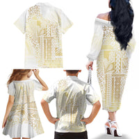 Samoa Lotu Tamaiti Mamanu Siapo Family Matching Off The Shoulder Long Sleeve Dress and Hawaiian Shirt Golden Plumeria - Polynesian Pride