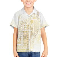 Samoa Lotu Tamaiti Mamanu Siapo Family Matching Off The Shoulder Long Sleeve Dress and Hawaiian Shirt Golden Plumeria - Polynesian Pride