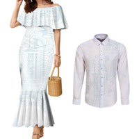 Samoa Lotu Tamaiti Mamanu Siapo Couples Matching Mermaid Dress and Long Sleeve Button Shirt Off White Plumeria - Polynesian Pride