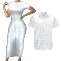 Samoa Lotu Tamaiti Mamanu Siapo Couples Matching Short Sleeve Bodycon Dress and Hawaiian Shirt Off White Plumeria - Polynesian Pride