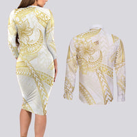 Samoa Lotu Tamaiti Gold Couples Matching Long Sleeve Bodycon Dress and Long Sleeve Button Shirt Teuila Tatau - Polynesian Pride