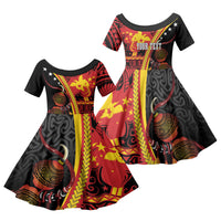Papua New Guinea Independence Personalised Family Matching Off The Shoulder Long Sleeve Dress and Hawaiian Shirt PNG Bagi and Lime Pot LT7 Daughter's Dress Black - Polynesian Pride