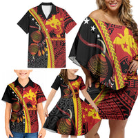 Papua New Guinea Independence Personalised Family Matching Off Shoulder Short Dress and Hawaiian Shirt PNG Bagi and Lime Pot LT7 - Polynesian Pride