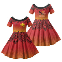 Papua New Guinea 1975 To The Future Personalised Family Matching Off Shoulder Short Dress and Hawaiian Shirt Sepik Masks LT7 Daughter's Dress Red - Polynesian Pride