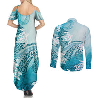 Polynesia Turtle Couples Matching Summer Maxi Dress and Long Sleeve Button Shirt Watercolor Abstract Style